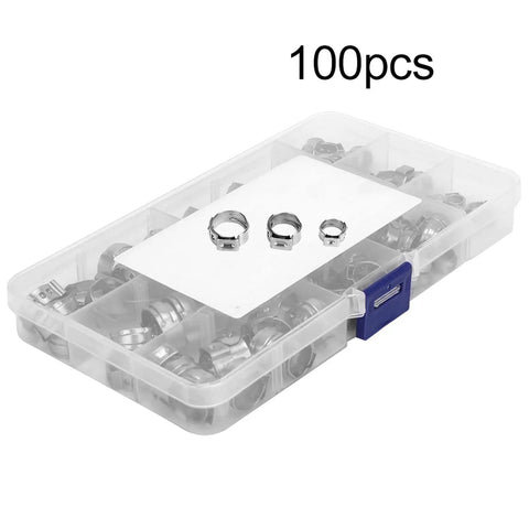 Stainless Steel Single Ear Hose Clamp Kit With 100 Pieces Stepless Sealing Design For Tight Fits And Leaks Prevention Perfect For Cars And Engines 100pcs case