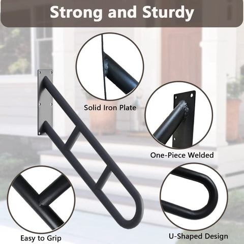 Two Pack 26 Inch U Shaped Stair Handrails With Extra Crossbars, Wall Mounted Grab Bars for stairs, black matte finish, detail view