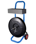 Heavy Duty Strapping Cart Rolling Dispenser Stand For 8 Inch Poly And Steel Coils Smart Mobile Workstation, blue cart with black wheel.