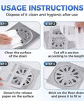 Usage instructions for Ten Pack Square Disposable Shower Drain Hair Catcher Stickers with steps for installation and cleaning.