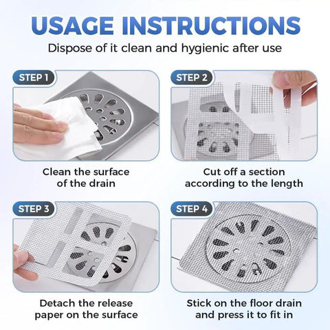 Usage instructions for Ten Pack Square Disposable Shower Drain Hair Catcher Stickers with steps for installation and cleaning.