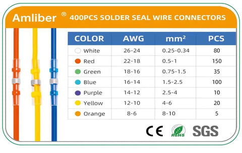 400Pcs Solder Seal Wire Connectors Kit chart detailing colors, AWG, mm², and quantity with CE and RoHS icons.