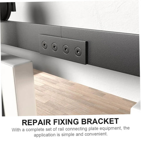 Solid Barn Door Track Repair Mending Plates Set Easy Install Track Bracket Connectors for Seamless Barn Door Rails Heavy Duty Carbon Steel Construction Repair Plates viewed in use