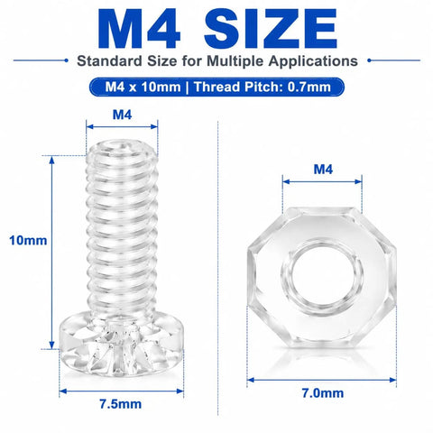 Dope Transparent M4x12mm Acrylic Screws With Matching Hex Nuts Kit No Sweat Assembly Sweet For DIY Model Building Display Cases Straight Up Quality Bangin 35 Piece Hardware Set, M4 size with dimensions.