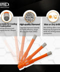 Badass 12 Piece Diamond Drill Bit Set With Masonry And Screwdriver Bits Heavy Duty Carbide Tips For Porcelain Tile Marble Granite Concrete Wood Zero Heat Dry Design Includes Cooling Wax Pro Grade features orange drill bits showcasing wax for cooling and high-quality diamonds.
