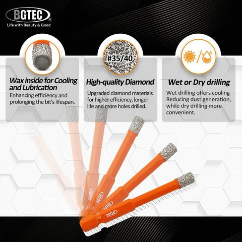 Badass 12 Piece Diamond Drill Bit Set With Masonry And Screwdriver Bits Heavy Duty Carbide Tips For Porcelain Tile Marble Granite Concrete Wood Zero Heat Dry Design Includes Cooling Wax Pro Grade features orange drill bits showcasing wax for cooling and high-quality diamonds.