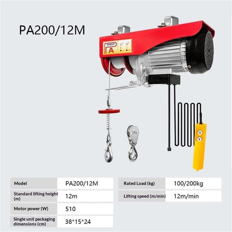 Heavy Duty 510 Watt Electric Hoist Winch With Remote Control And Double Lifting Slings, 200 Kg Max Load, carbon steel design.