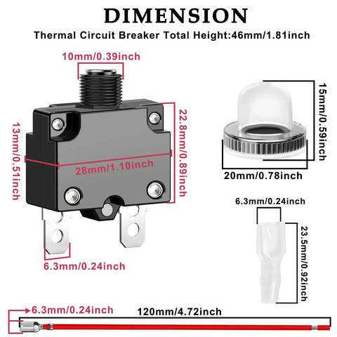 All In One Thermal Circuit Breaker Kit With No Fuss Push Button Manual Reset Overload Protector dimensions illustration