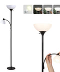 Sky Dome Plus LED Floor Lamp Torchiere with reading arm, showing two LED bulbs, 3000K warm white dimmable light, black