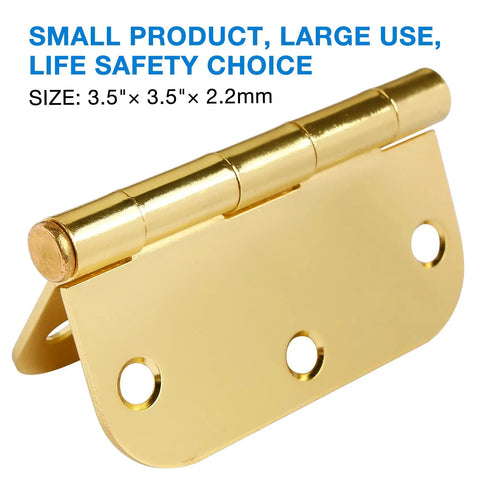 18 Pack 3 Point 5 Inch Brass Door Hinges With Five Eighth Radius Polished Gold Finish Includes 108 Screws For Quick No-Fuss Install Interior Door Hardware For Bedroom Bathroom Office Hallway 270 Degree Swing Smooth Plain Bearing showing detailed hinge.