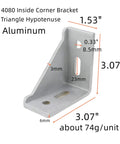 Four Pack 4080 Aluminum Extrusion Corner Brackets, Inside Triangle Connectors For 4080 Profiles, dimensions and measurements shown.