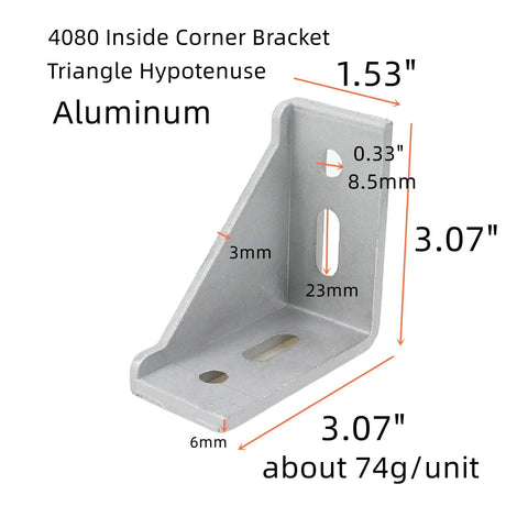 Four Pack 4080 Aluminum Extrusion Corner Brackets, Inside Triangle Connectors For 4080 Profiles, dimensions and measurements shown.