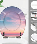 Smooth Round Resin Toilet Seat With Gentle Soft Close Lid And Quick Release Hinges showcasing sunset design and stainless steel hinges.