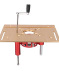 Beefy Aluminum Router Lift System With Stainless Steel Build And 47 Millimeter Rock Solid Precision For Shop Ready Woodworking Bench Router Plates And Engraver Machines In Matte Gold, showing router lift assembly.