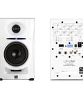 Front and rear view of Ultra Nearfield Studio Monitors with Bluetooth and USB C for Music Production, white, pair