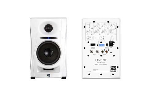 Front and rear view of Ultra Nearfield Studio Monitors with Bluetooth and USB C for Music Production, white, pair
