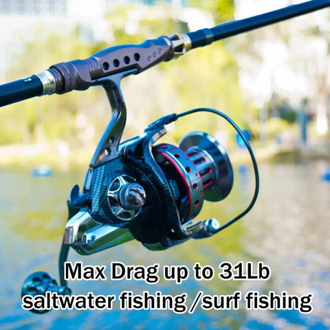 Surf Spinning Reel Size 10000 12000 For Saltwater Fishing With Full Metal Frame 31 Lb Max Drag close-up on rod by water
