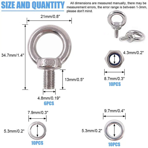 304 Stainless Steel M5 Eyebolts Set With Lock Nuts Lock Washers And Flat Washers 36 Pieces For Lifting