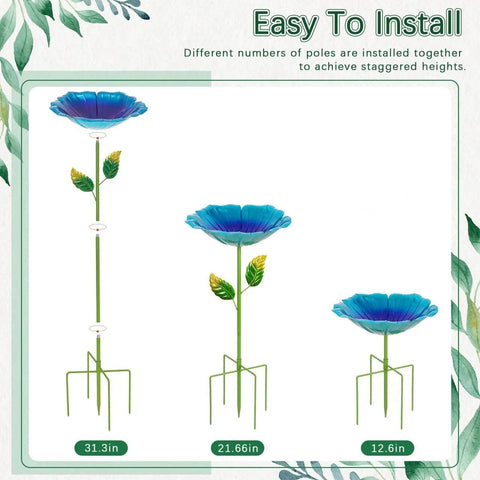 Colorful Metal Bird Bath for Outdoors, Flower Garden Hummingbird Bath on Five Stakes, Small Birdbath for Garden Decor, 31.3 Inches High and 10.63 Inch Diameter, Blue and Yellow, 2 Pack displayed with adjustable heights.