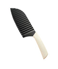 Crinkle cutter knife, side view, 11.4-inch ridged black blade with cream handle for vegetables