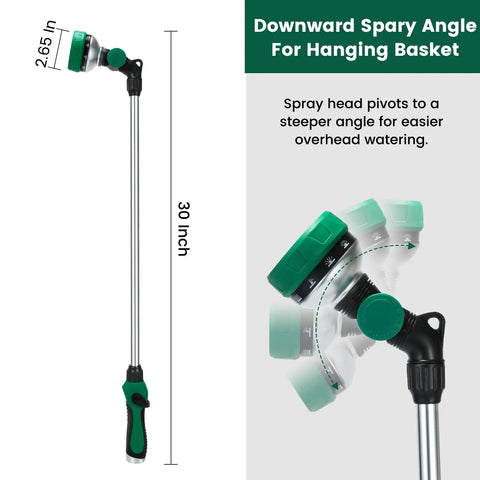 30 Inch Garden Hose Wand With 10 Spray Patterns And Thumb Control, pivoting head water sprayer, green ergonomic grip
