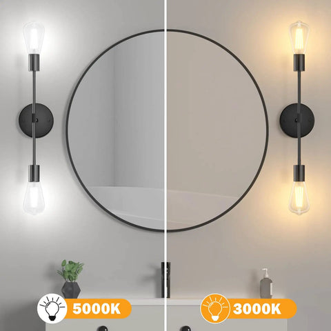 Modern Black Two Light Bathroom Vanity Sconce And Semi Flush Ceiling Fixture delivering different light temperatures, 5000K and 3000K.