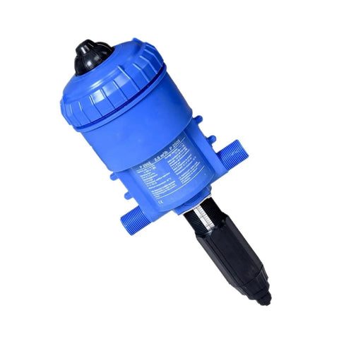 Water Powered Fertilizer Injector Dispenser Proportioner Auto Dosing Tool For Irrigation And Hydroponics, Adjustable 0.2 To 2 Percent, Handles 12 To 3000 Liters Per Hour, Temperature Range 4 C To 30 C, Controllable Dosing Device, blue plastic model with threaded fittings