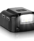 Dewalt 20V USB Battery Adapter Charger with LED Work Light DC Port and Dual USB Ports for lithium-ion batteries, shown in black