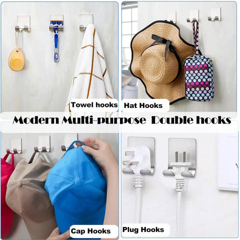 Different uses of modern multi-purpose double hooks for towels, hats, caps, and plugs on a wall.