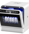 Sleek Portable Countertop Dishwasher Packed With A Built In Five Liter Water Tank Whisper Quiet One Touch Controls and glass door showing dishes.