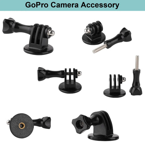 Assorted GoPro camera accessory mounts and screws on white background