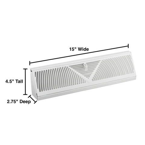 15 Inch Baseboard Register Vent With RoundFlow Design For Maximum Airflow, dimensions labeled for easy installation