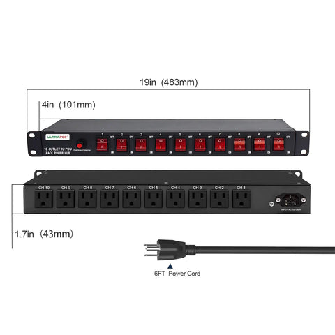 Front and rear view of 10 Outlet 1U Rack Mount PDU With Individual Switches Surge Protector 100-240V 15A 1800J, 6 ft cord shown.