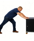 Man pushing cabinet on Heavy Duty Furniture Dolly With 18x12 Inch Platform, Compact Yet Beastly Platform Cart Capable Of 800 Lb Load, Built To Move Heavy Furniture, Appliances, And Gear In Home, Shop, Or Garage.