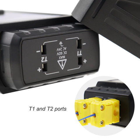 Front view: black handheld dual-channel thermocouple thermometer with two T1/T2 ports and four K-type probe connectors