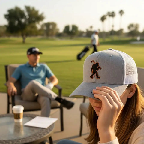 Bigfoot Patch Golf Hat With Sasquatch Holding A Golf Club Heather White Trucker Snapback worn by a woman on golf course