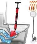 Heavy Duty Toilet Plunger And Brush Set With High Pressure Air Blast Design Plus Three Piece Drain Snake Kit image showing plunger near toilet.