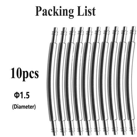 10 Pcs Curved Spring Bars For Watch Bands, 1.5mm Stainless Steel double flanged pins displayed in a row, packing list included.