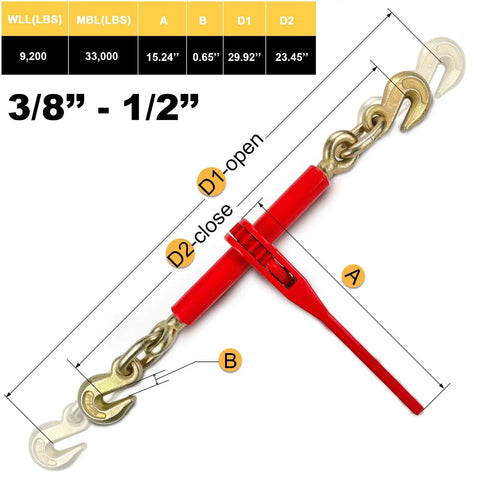 Heavy Duty Ratchet Load Binders 3/8 to 1/2 Inch Chain, Drop Forged 9,200 Lbs WLL, 2 Pack, with red ratchet and measurements diagram.
