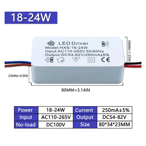 Two Pack LED Isolation Driver for Spotlight Downlights, 2-24W Range, 250mA Constant Current Transformer, product dimensions shown