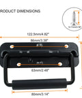 Dimensions of Two Piece Black Spring Loaded Case Handles With Rubber Grip, 304 Stainless Steel Surface Mount Chest Handles shown.