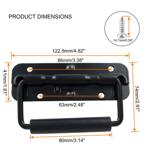 Dimensions of Two Piece Black Spring Loaded Case Handles With Rubber Grip, 304 Stainless Steel Surface Mount Chest Handles shown.