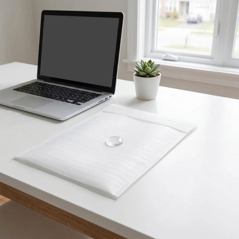 200 Pack Foam Packing Pouches And Sheets Cushion Wrap 11.8x9.8 Inch on desk near laptop and plant