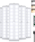 Five Pack USB Rechargeable LED Closet Lights With Motion Sensor And Remote, Go-To Dimmable Under Cabinet Lighting shown with remote and USB cable