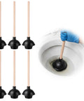 Six Piece Heavy Duty Toilet Plunger Set With Holder, 18 Inch Commercial Rubber Force Cups For Stubborn Clogs, Real Deal Durability For Quick Drain Fixes, Straight Shooter Black Bulk Bundle with rubber plungers and wood handles.