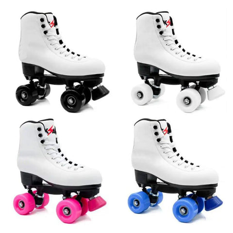 White roller skates with black, white, pink, and blue wheels in a 2 Pack Roller Skate Toe Stops With 82A PU Rubber Plugs.