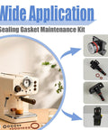 60 Piece Silicone O Ring Kit For Espresso Machines With 15 Sizes Of Food Grade Seals shown with coffee maker components