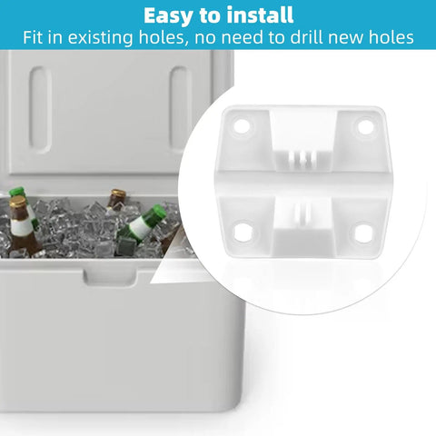 Four Piece Cooler Hinges Replacement Kit With Sixteen Stainless Steel Screws Durable Plastic Hinge Set for easy installation on ice chests.