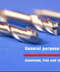 Three HSS 2-flute end mills, 19/32 x 1/2, Drill America DWCT321, Amazon brand, front view.