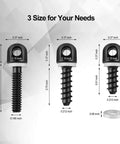 Three black two point crossbow sling attachments mounts with different screw sizes, showing detailed measurements.